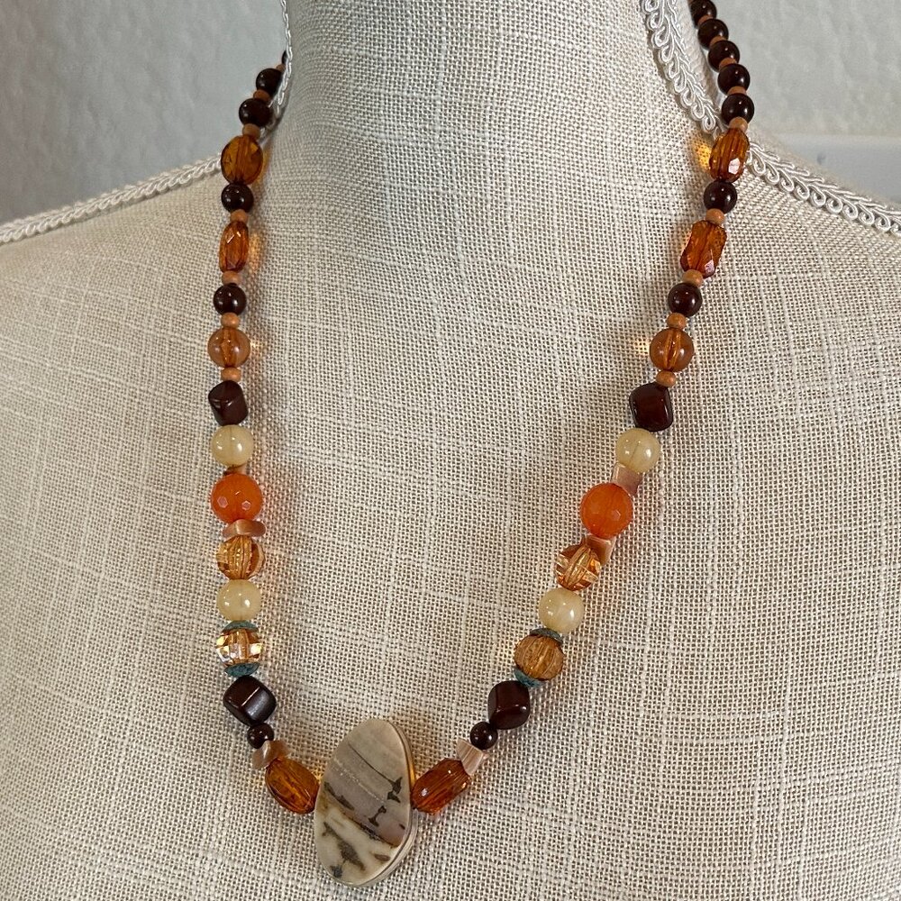 Vintage Acrylic Beaded Necklace with Calcite Stone Pendant - Picture 5 of 6